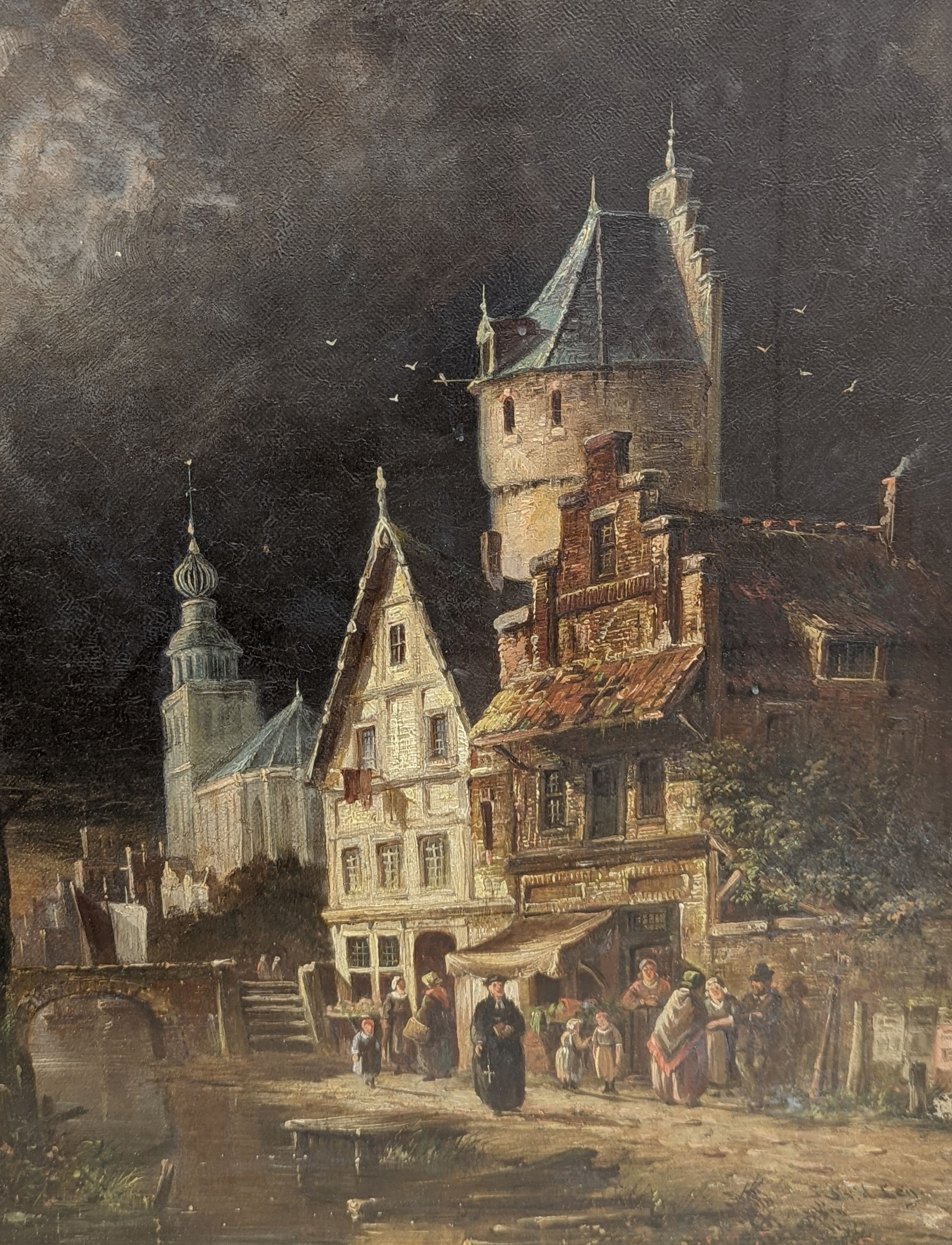 S.F.D. Ley, oil on canvas board, Flemish street scene, signed, 41 x 32cm